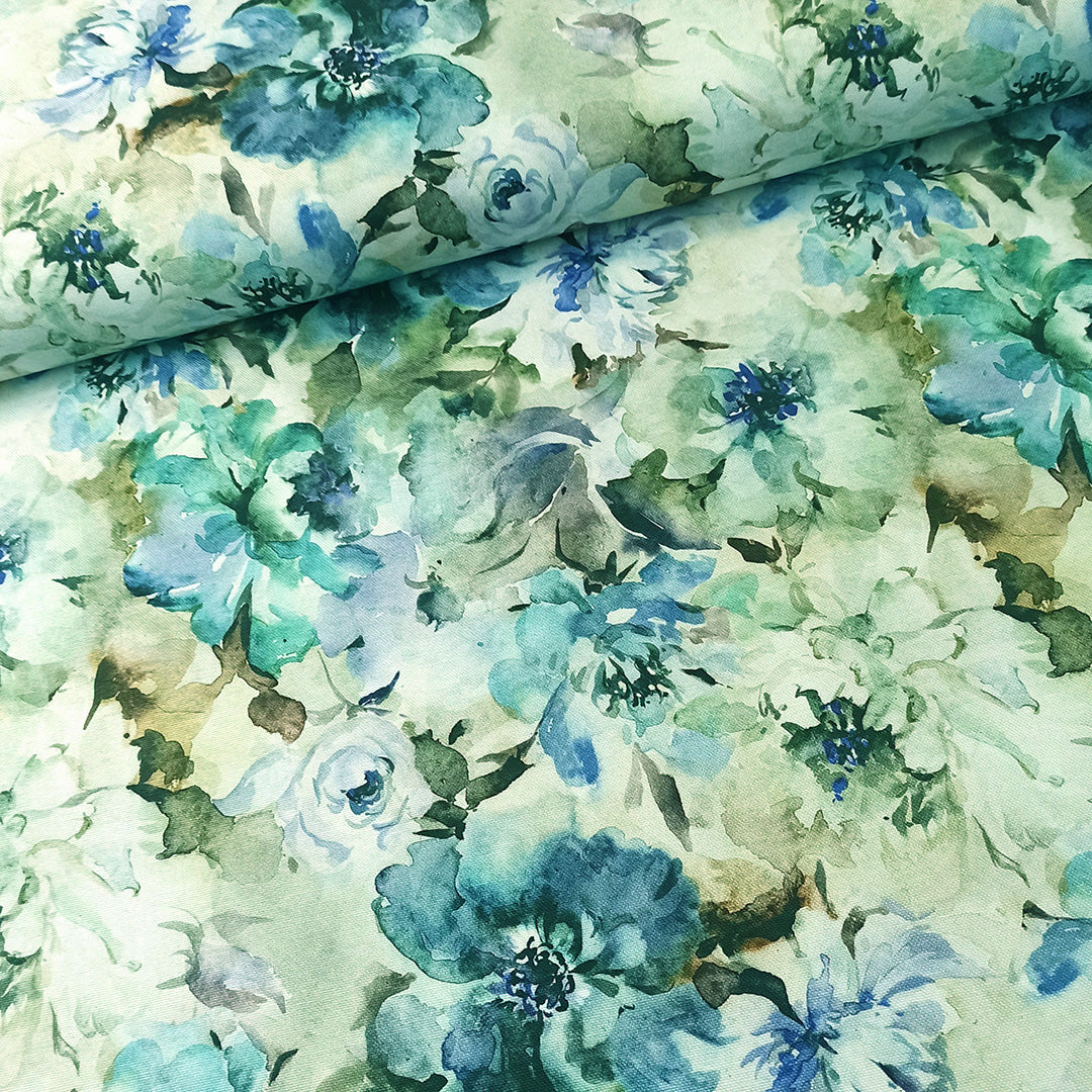 Pionit, puuvillacanvas, sinivihreä